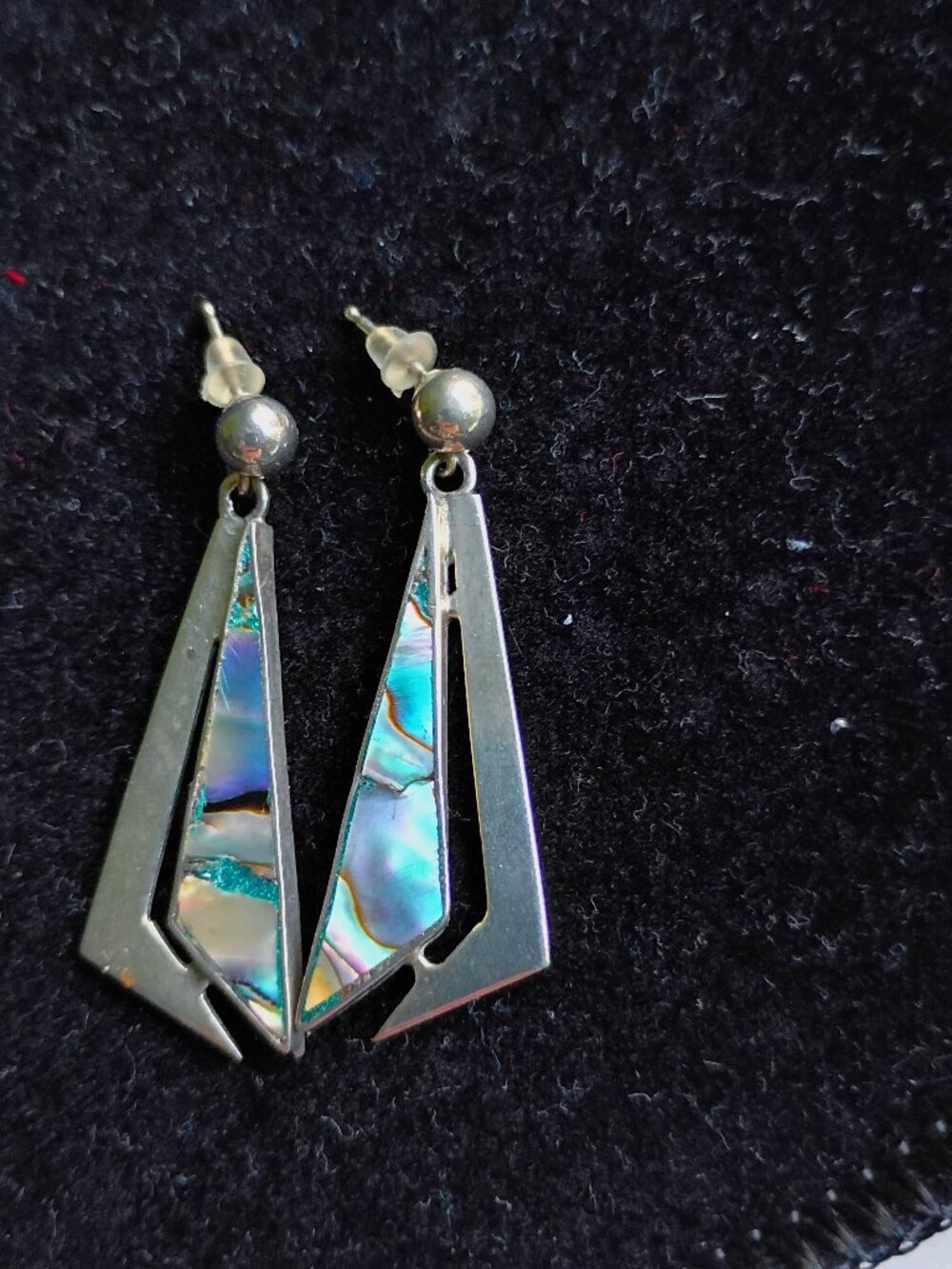 Taxco Mexico Marked Abalone Shell Modernist Large Dangle Sterling Earrings
